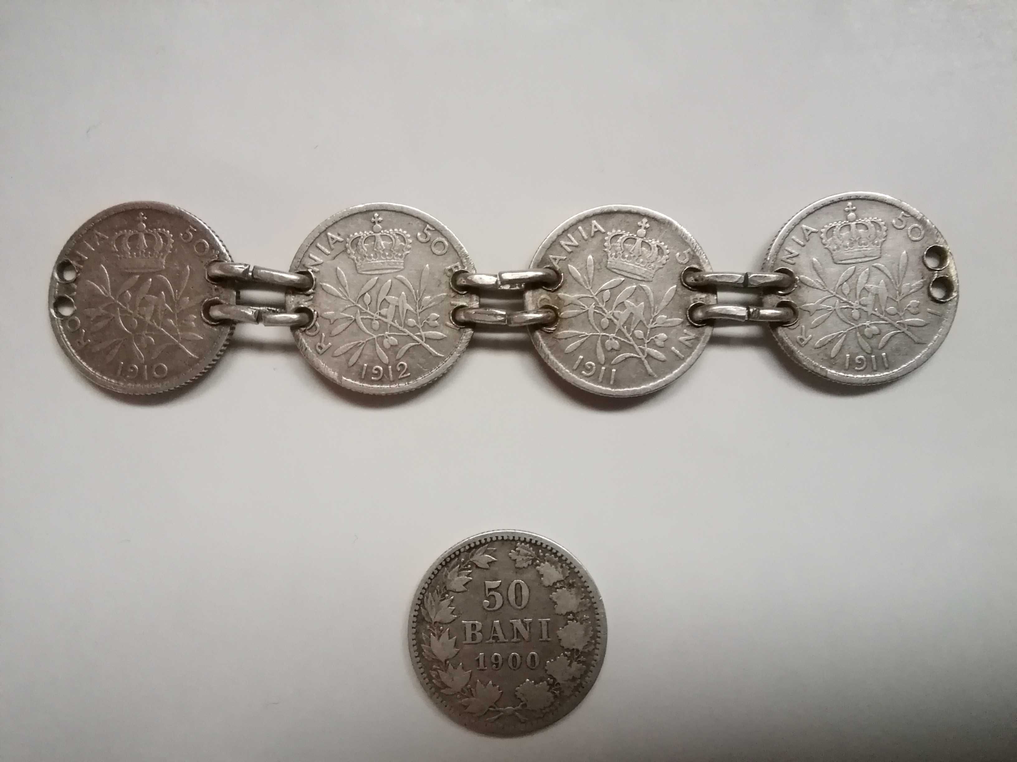 5 Monede argint, colectie, 50 bani Carol I- 4 in salba+1 individuala.