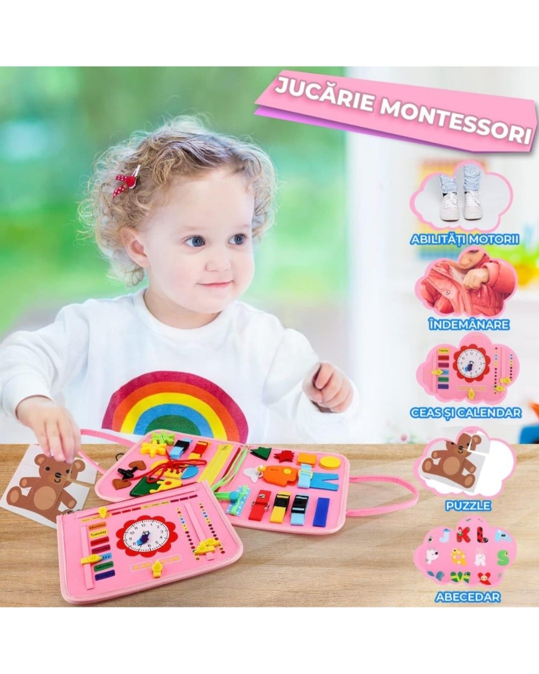Busy board montessori, carte/mapa cu multiple activitati