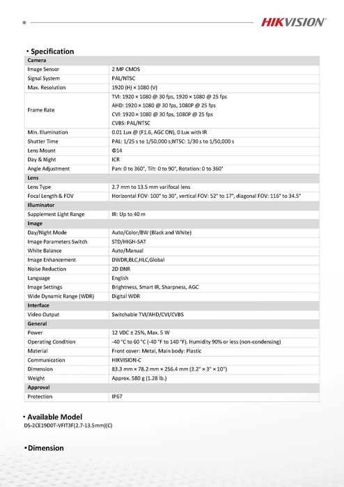 HikVision DS-2CE19D0T-VFIT3F 2MP Камера Варифокален Обектив 2.7-13.5мм