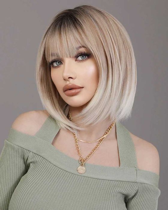 40 см пепеляво руса омбре перука с тъмни корени и светли краища