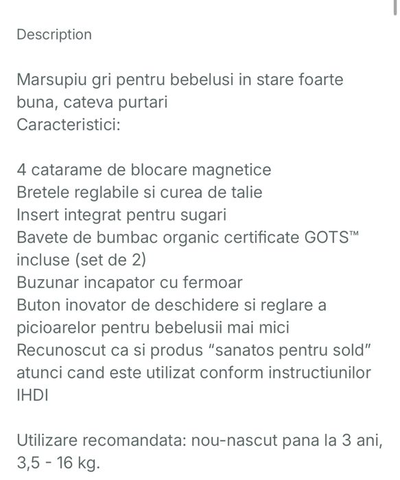 Marsupiu bebe Nuna stare foarte buna, cu garantie