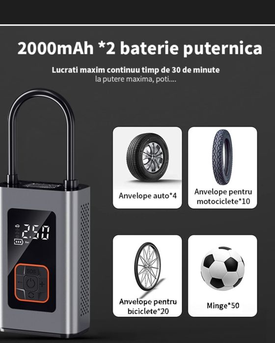 Compresor Auto portabil, Gomunly, Wireless, 150 PSI, 4000 mAh,