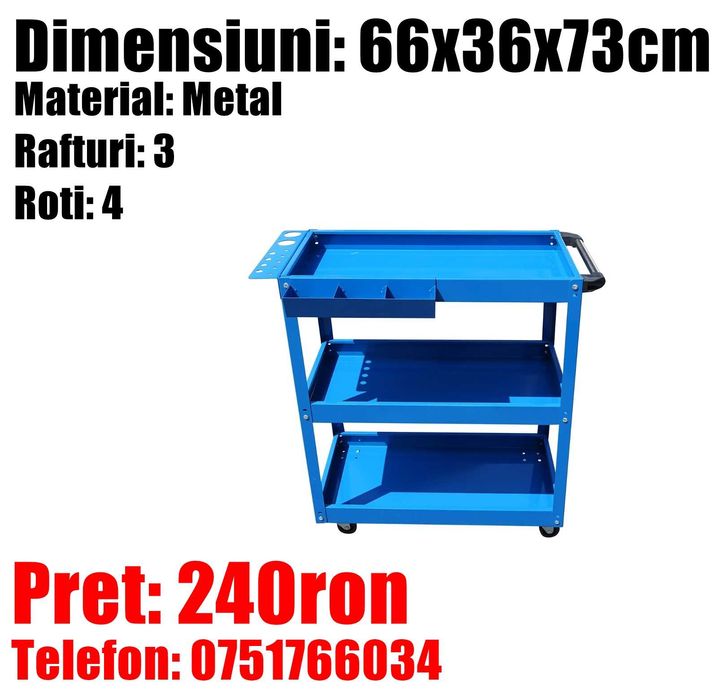 Carucior Metalic Roti 3 Rafturi Birou Atelier Service Scule