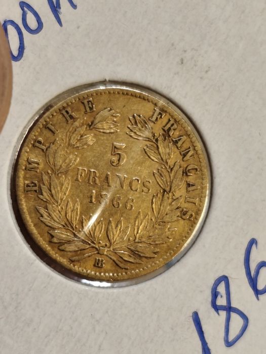Златна монета 5 франка 1866 год, имп.Наполеон III ,1.61 гр,900/1000