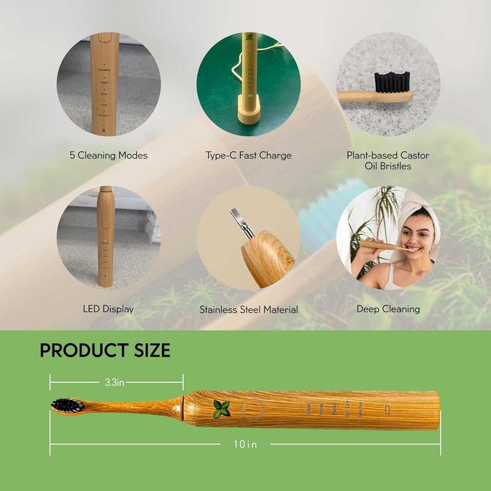 Акумулаторна електрическа четка за зъби Maxdent от бамбук, 3 глави