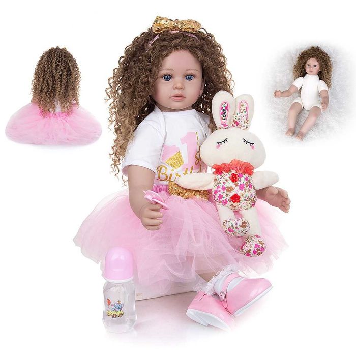 Papusa Bella cu parul ondulat si lung, 55 cm, Roz/Alb