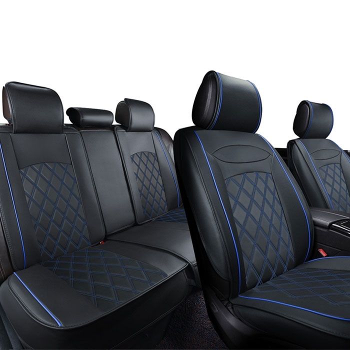 Универсална кожена тапицерия 5 части – черно със син шев