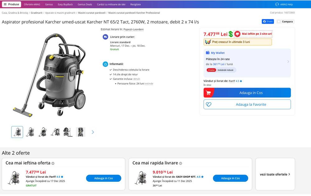 SIGILAT Aspirator profesional umed-uscat Karcher NT 65/2 Tact, 2760W