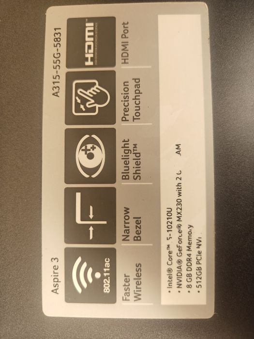 Acer Aspire 3 15.6" i5-10210u, 16 ram , 480 ssd