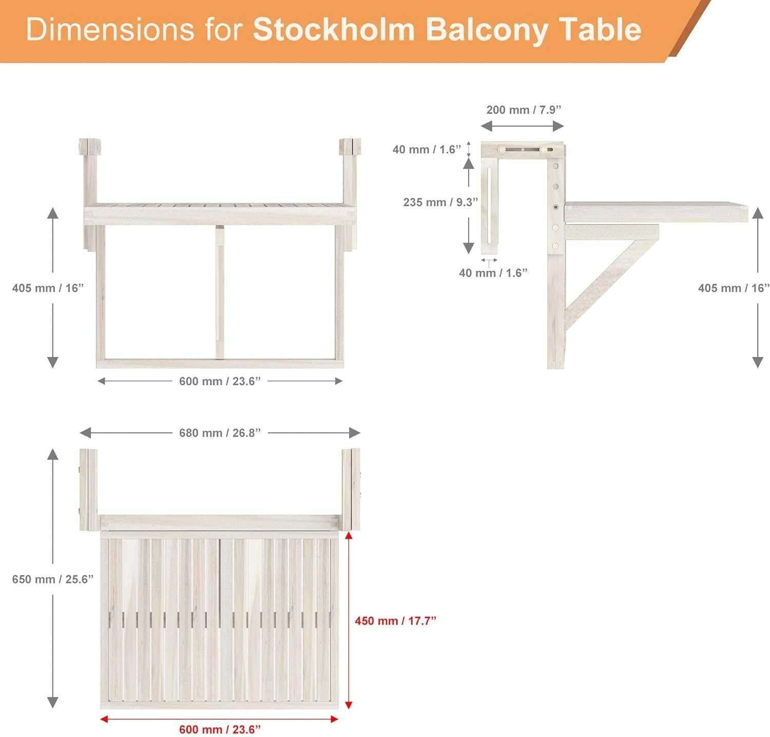 Сгъваема маса за парапети за тераса, балкон, веранда или навес