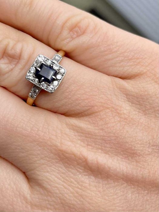 Inel aur 18 K & platina cu 16 diamante naturale si safir vintage