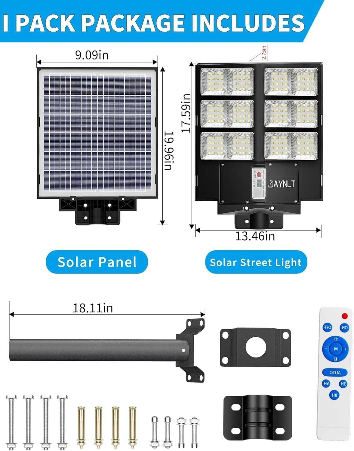 JAYNLT 800W Соларна улична лампа със сензор за движение, дистанционно