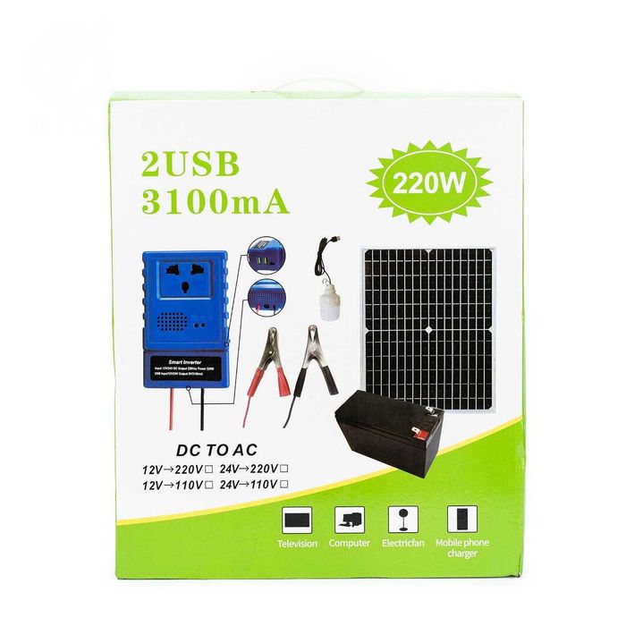 Kit cu panou solar si acumulator iesire priza 220v 200w