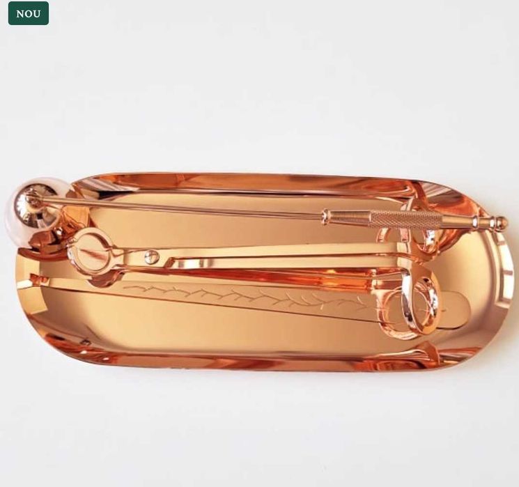 Set pentru lumânări/foarfeca,mucarnita,dipper,tava, inox rosegold,nou