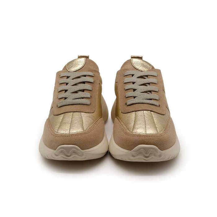 Дамски спортни обувки от естествена кожа и велур в златисто и бежово