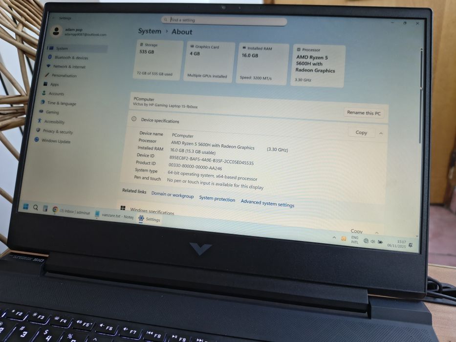 Laptop PC gaming HP Victus Ryzen 5-5600 16Gb Ram impecabil