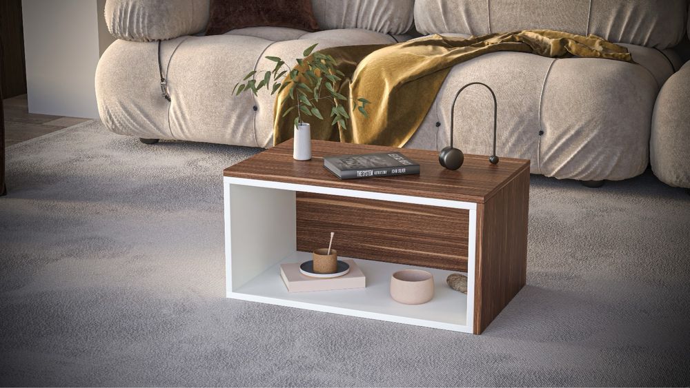 Măsuță de cafea / Noptieră modernă alb cu lemn