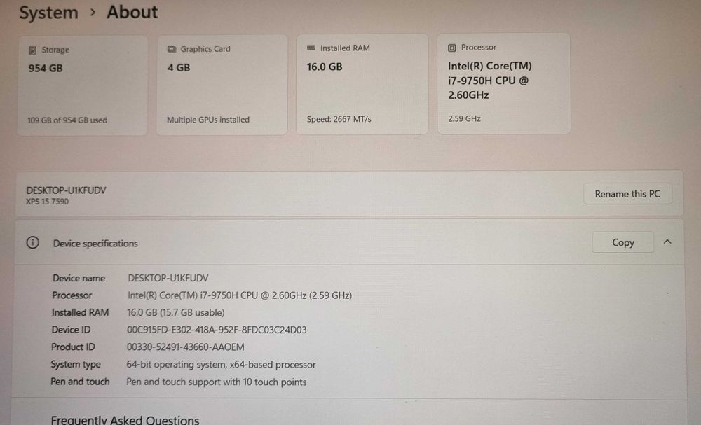 Laptop Dell Ultrabook XPS 15 7590, I7-9750H, 4K OLED, Touch, 1 TB SSD