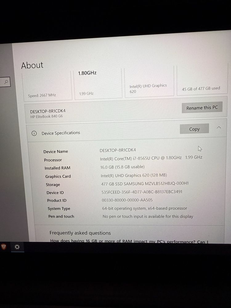 Laptop Hp 16 gb ram i7-gen a 8 a