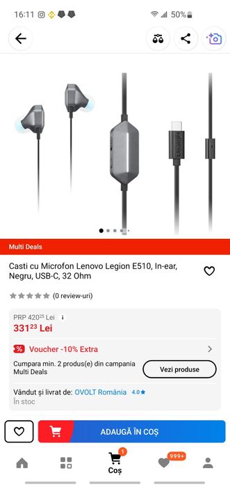Casti gaming cu Microfon Lenovo Legion E510, In-ear, Binaural, USB-C,