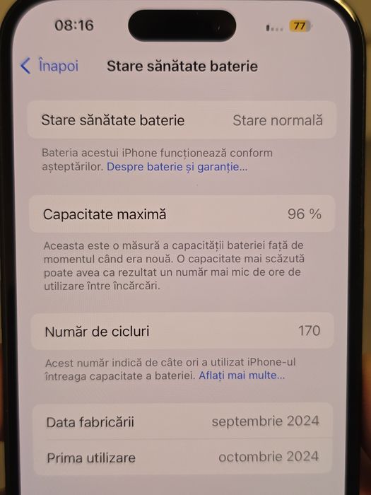 Iphone 16, Black, 128gb, 96% - sanatate baterie, liber de retea