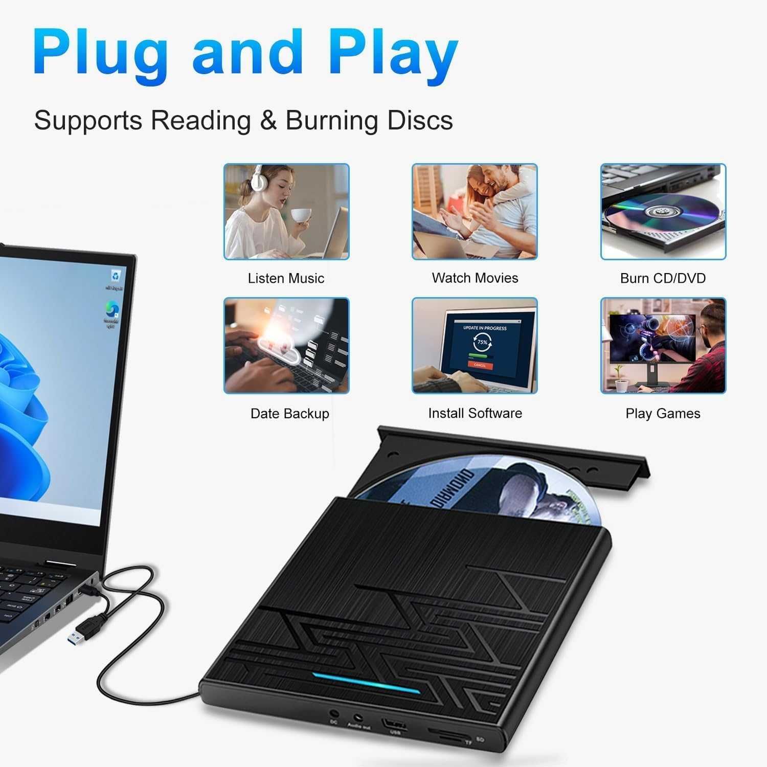 Външно DVD/CD записващо устройство, USB 3.0 DVD+/-RW CD+/-RW
