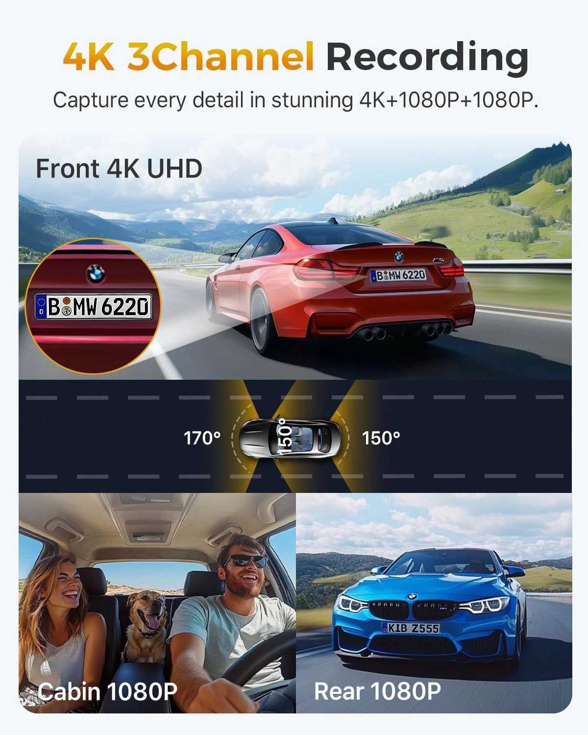 Camera Auto GKU D1000  3 Camere 4k+1080p+1080p 64GB card inclus