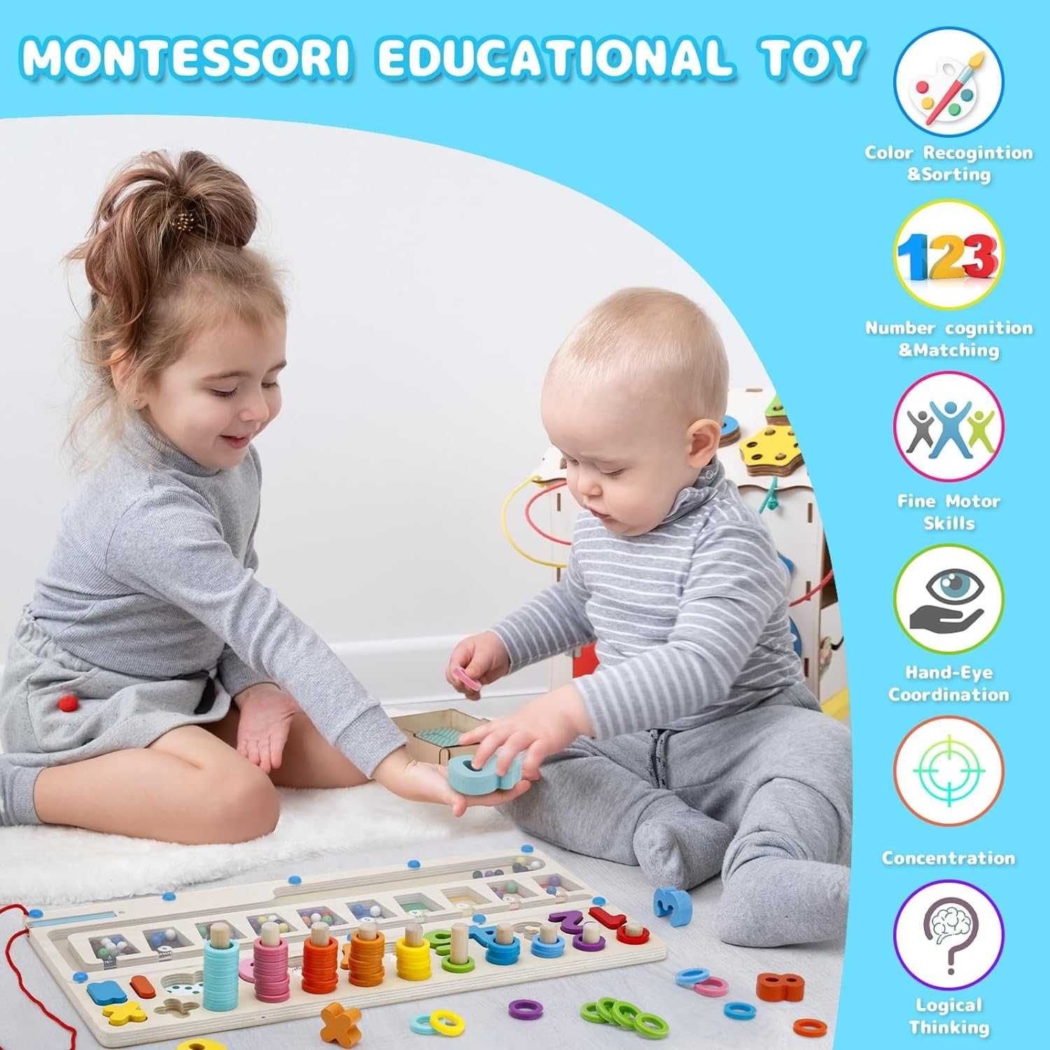 Joc Educativ din Lemn, Labirint Montessori, Margele si Stilou Magnetic