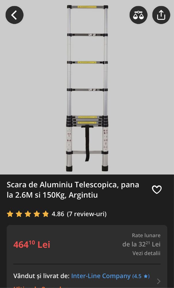 Scara de Aluminiu Telescopica, pana la 2.6M si 150Kg, Argintiu