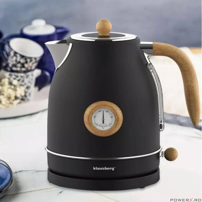 Ceainic, fierbator electric cu termometru, otel inoxidabil, negru cu