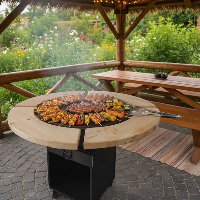 Gratar cu plita rotunda si blat de lemn