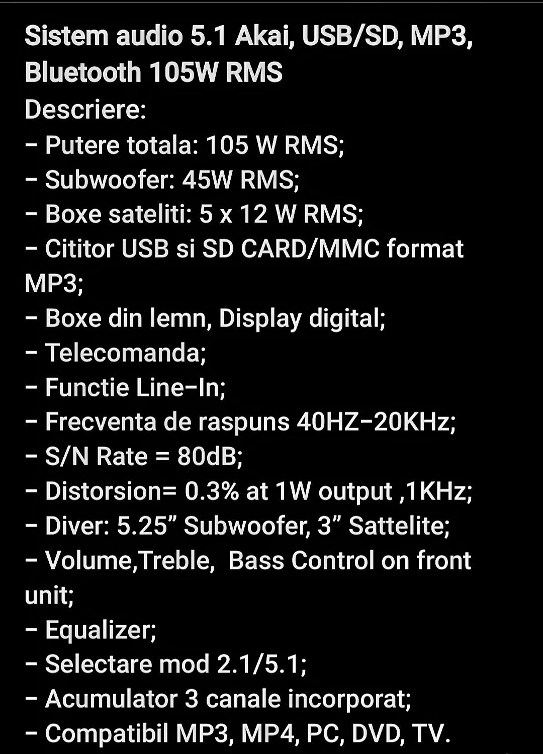 Sistem audio 5.1 Akai, USB/SD, MP3, Bluetooth, 105W RMS.