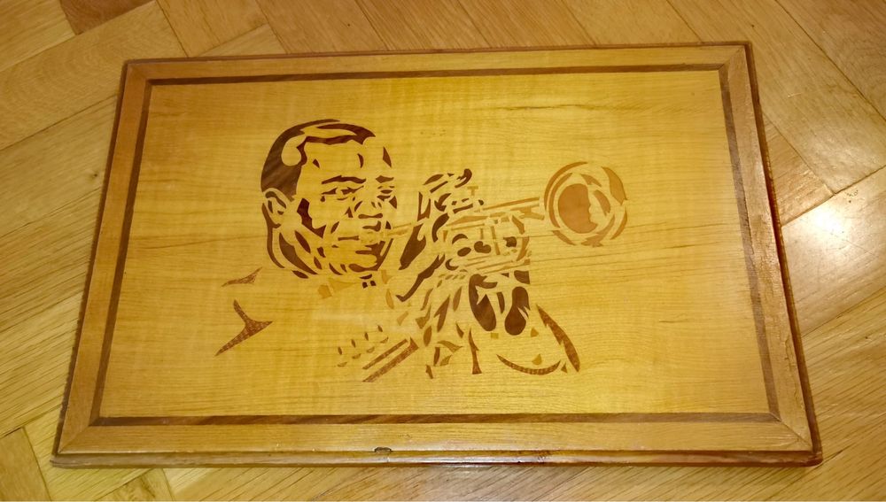 Антикварна картина дървена интарзия на Луис Армстронг ръчна изработка
