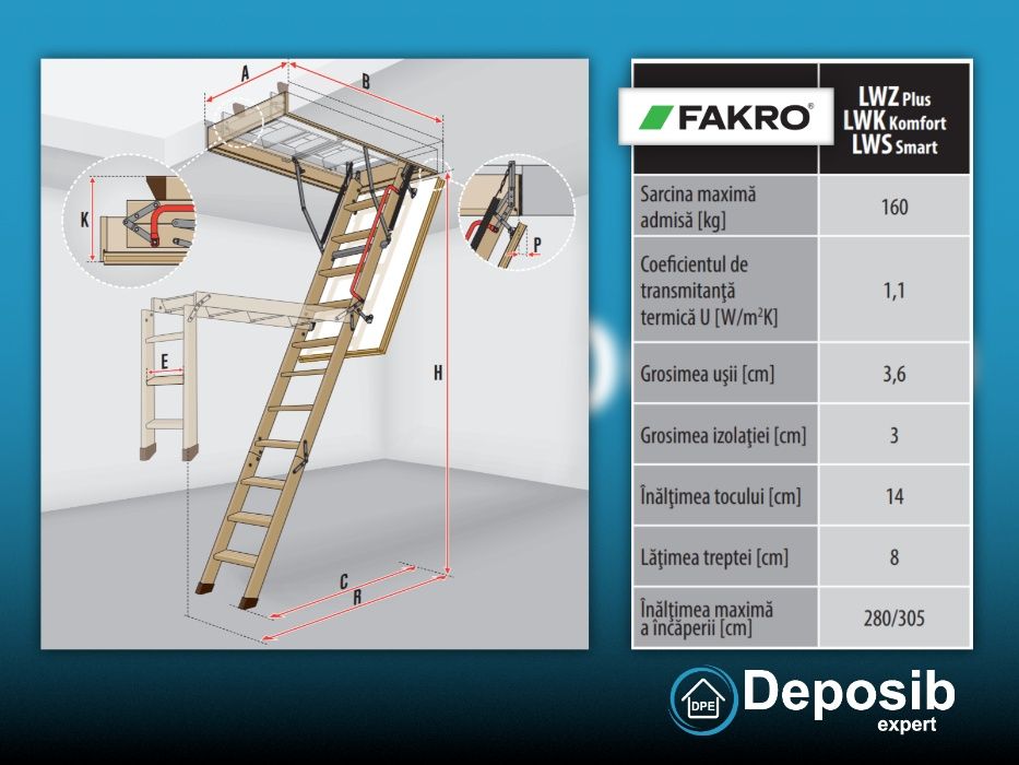 Scara pod, mansarda din lemn de pin Fakro LWK Komfort