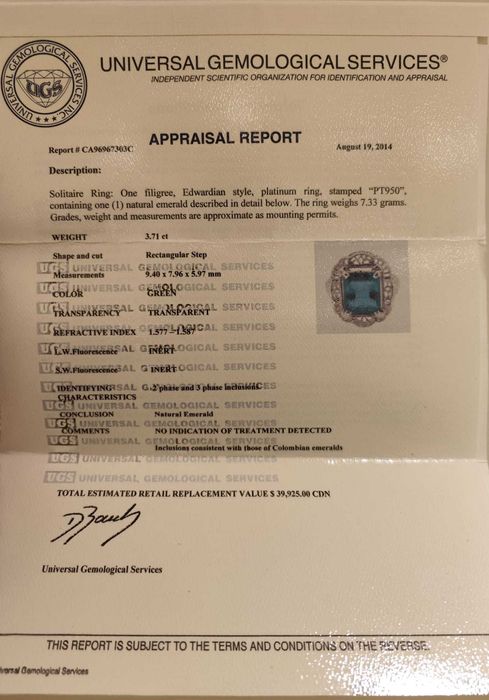 Inel platina cu Smarald Columbian 3,7ct evaluat la $39,925