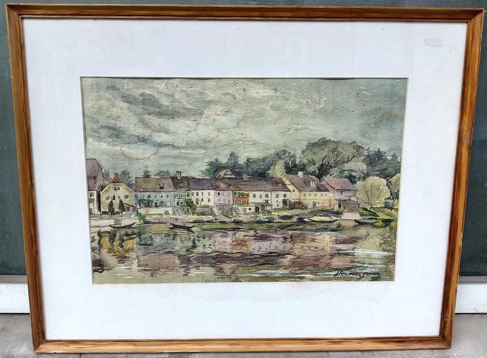 Tablou vechi - asezare pescareasca - semnat Darascu