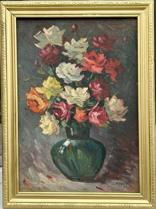 Tablou anii 40-50 vas cu flori trandafiri pictura ulei inramat 43x58cm