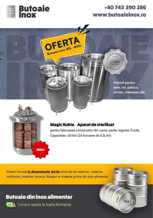 Butoi inox alimentar 30 60 100, 180, 200, 300, 350 540 1000 litri