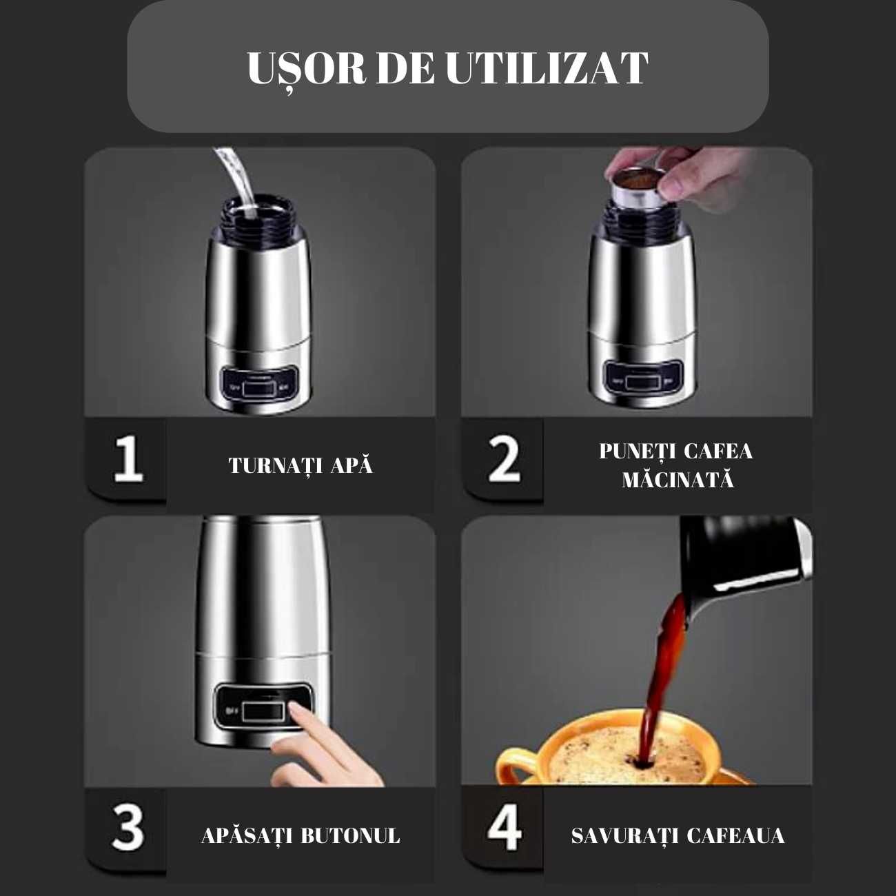 Espressor Cafea Auto/Camion cu Adaptor Priza Bricheta, 12/24V, 150 ml