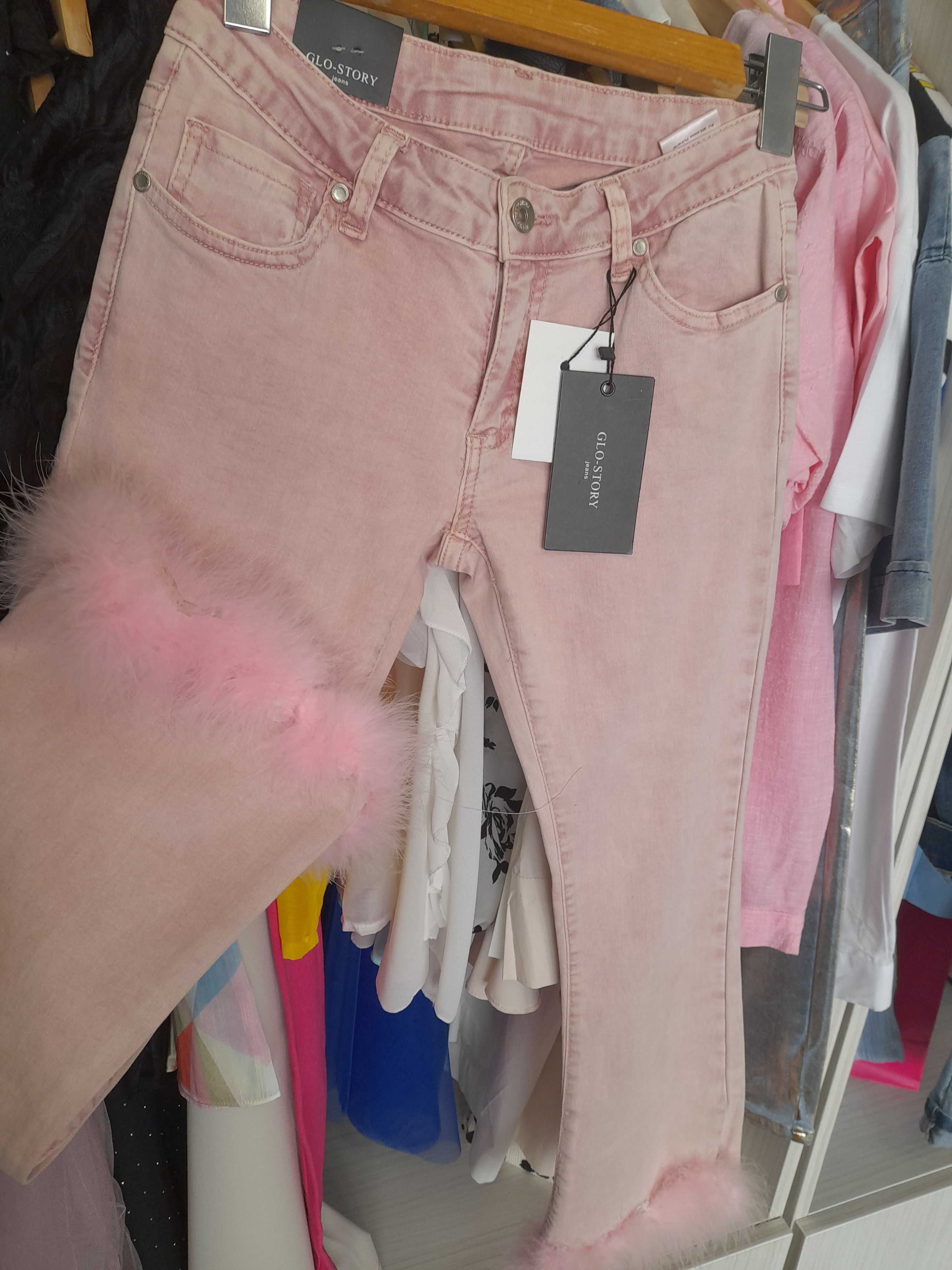 Glo-Story jeans. Луксозни Дамски розови дънки с пера. XXS, XS, S