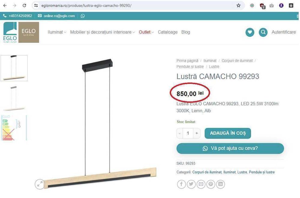 Lustra suspendata EGLO Camacho 99293 LED 25.5W, 3100lm, 3000K