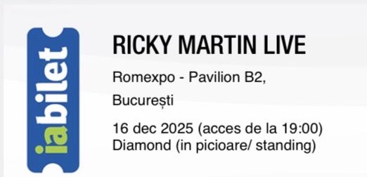 Vand 2 bilete concert Bucuresti Ricky Martin 16.12.2025