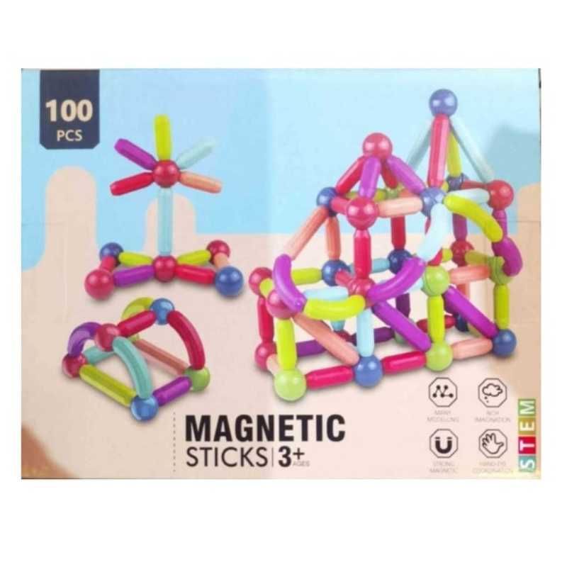 Set de construit cu 100 piese magnetice, Magnetic Sticks, Multicolor