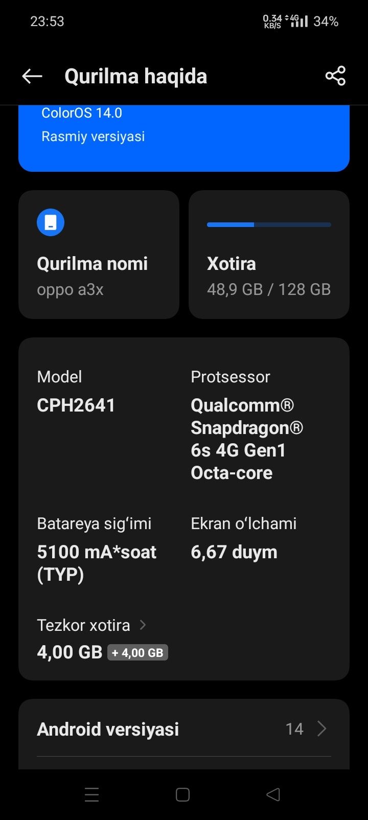 Oppo A3X kafolati bilan