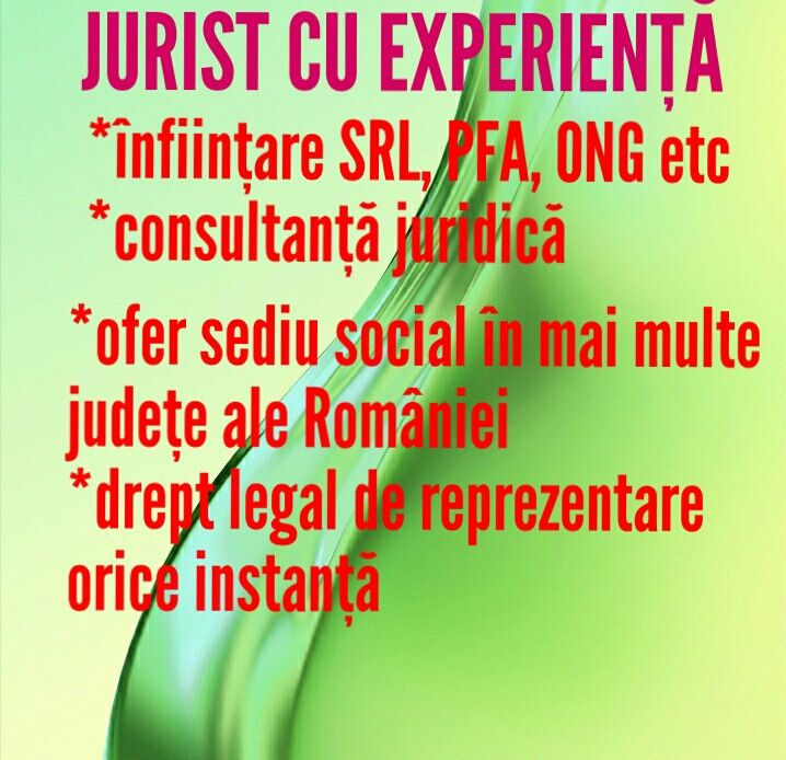 Înființare firme SRL, PFA, ONG etc sediu social,consultanță juridică