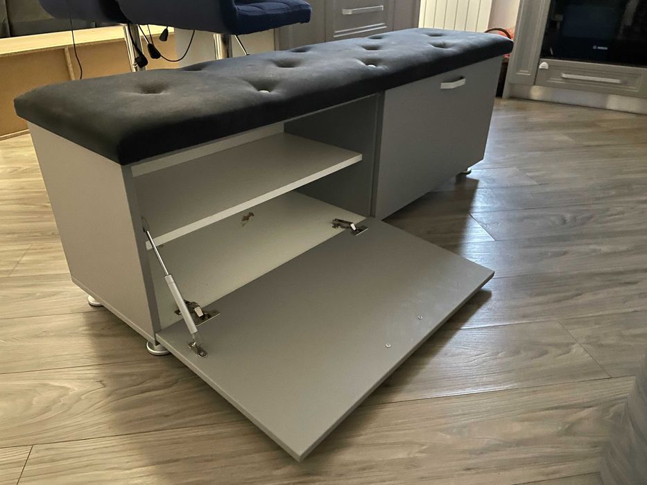 Pantofar cu șezut tapițat / bancă depozitare gri – 153 x 41 x 50 cm