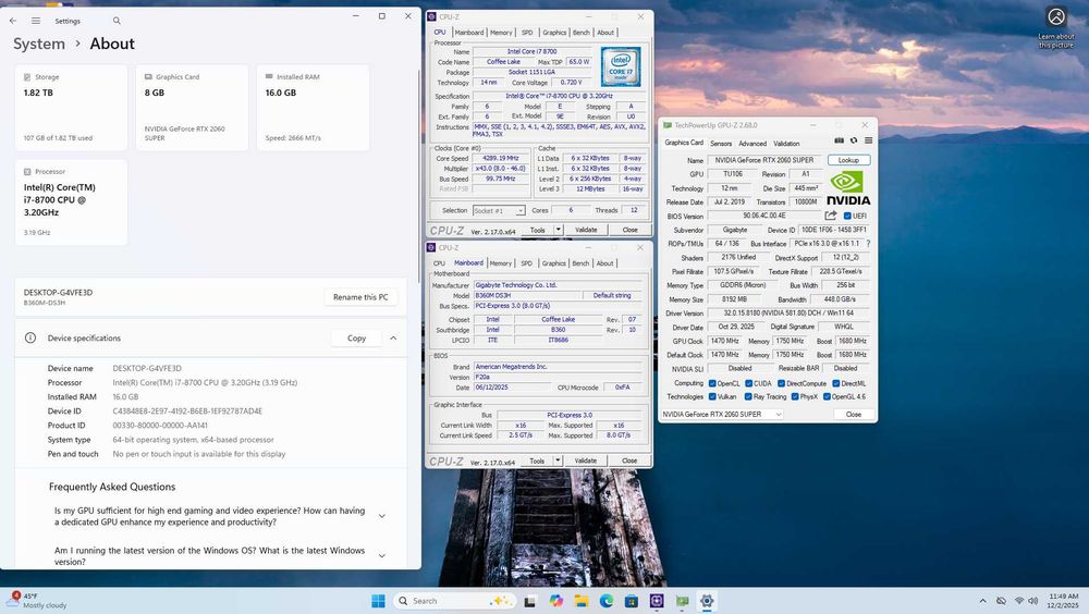 Unitate PC sk 1151 Intel I7 8700 16GB RTX 2060 Super 8GB DDR6