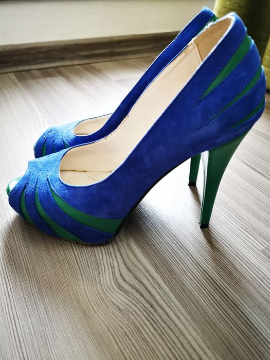 Pantofi dama piele albastru/verde peep toe stilettos cu platforma, 39