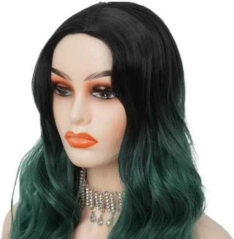 Нова Естествено изглеждаща дълга вълниста перука в черно и зелено коса