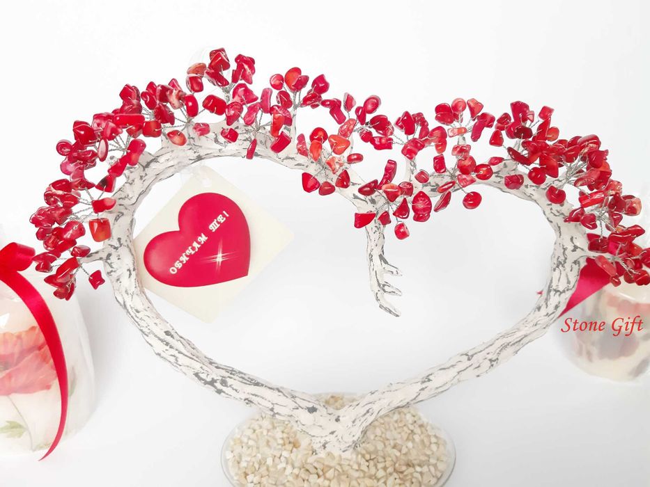 Дръвче Червен Корал Сърце, Подарък Жена, Подарък Любов, Подарък Коледа